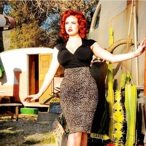 Pinup Couture Black and Leopard Print Midi Skirt